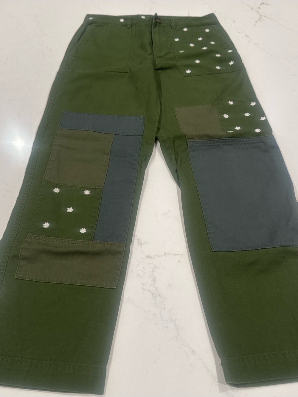 J. Crew Olive Green Patchwork Cargo Pants with White Daisy Embroidery
